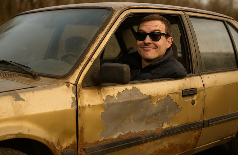 Man Smiling in Rubbish Car